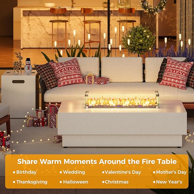 IRONCK 50-Inch Outdoor Propane Fire Pit Table w Tank Table CSA Certified Rectangular Patio Fire Pit w Glass Rocks Wind Guard and Cover 58000 BTU 2 in 1 Outdoor Heater for Deck Garden White