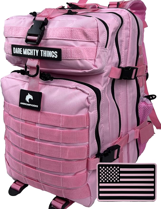 AMERICANPHOENIX 45L Elite Tactical Backpack | 3X Stronger Work &amp Military Backpack | Water Resistant and Heavy Duty | 3 Day MOLLE Bug Out Bag (Rose Pink)