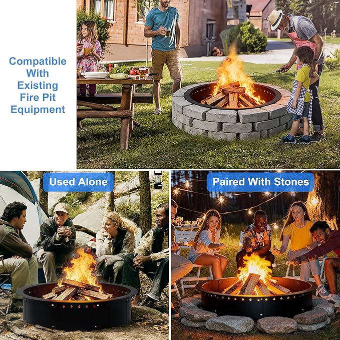 RELIANCER 35.5'' Fire Pit RingOutdoor Smokeless Fire Pit LinerHeavy Duty Steel Wood Burning Firepit Rings Insert kitDIY Campfire Fireplace Rings Insertion Barrier Lining for BackyardGardenPatio