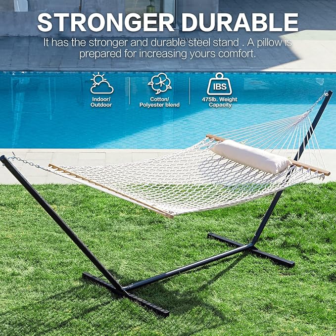 PNAEUT Double Rope Hammock with Stand Included 12ft Heavy Duty Stand 2 Person Traditional Cotton Rope Hammocks with Pillow for Outside Porch Patio Backyard Outdoor Max 475lbs Capacity (Burlywood)