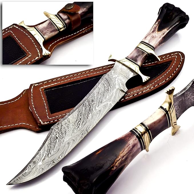 Noon Knives : Hand Made Damascus Steel Collectible Bowie Knife Handle Camel Bone (Black)