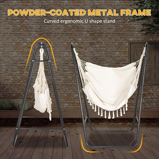 Outsunny Patio Hammock Chair with U Shape Stand Outdoor Hammock Swing Hanging Lounge Chair with Side Pocket Black/Cream White