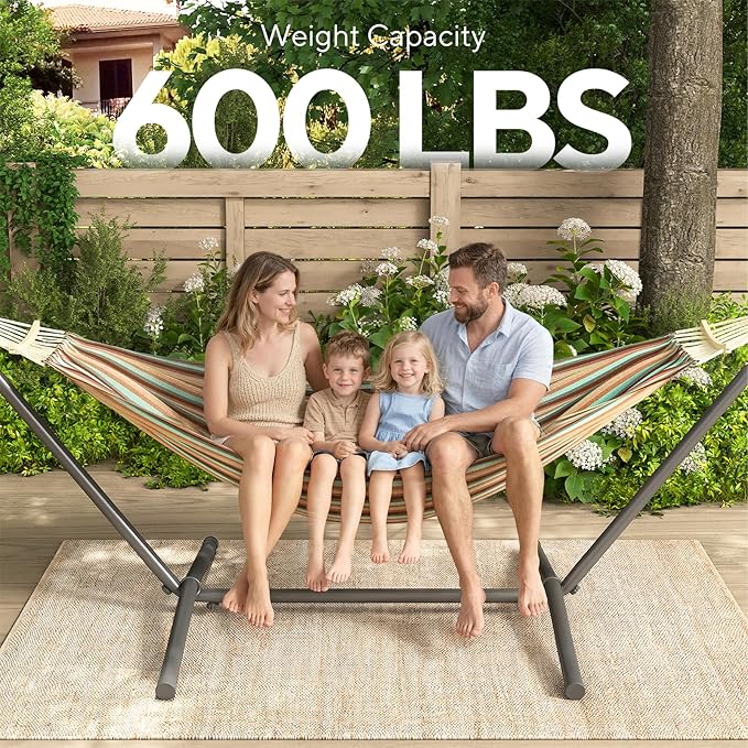 600lbs Hammock with Stand for Outside 2 Person Portable Hammock with Side Storage Carrying Bag Expend Wooden Bar for Outdoor or Indoor (Dark Rainbow)