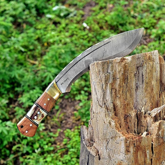 MR. CRAFT Custom Handmade Traditional Kukri Damascus Steel Fixed Blade Knife With Sheath Full Tang Heavy Duty Camping Knives - Gifts for Men (Kow Wood and Stag Horn)