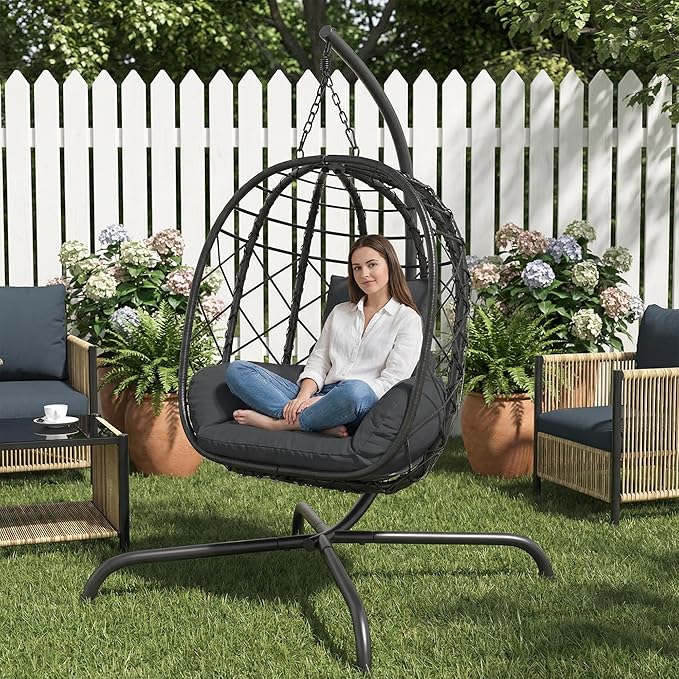 Foldable Hanging Egg Chair with Stand - Wicker Swing Hammock Chair with Cushion - for Patio Porch Balcony Weight Capacity 350lbs (Dark Gray)