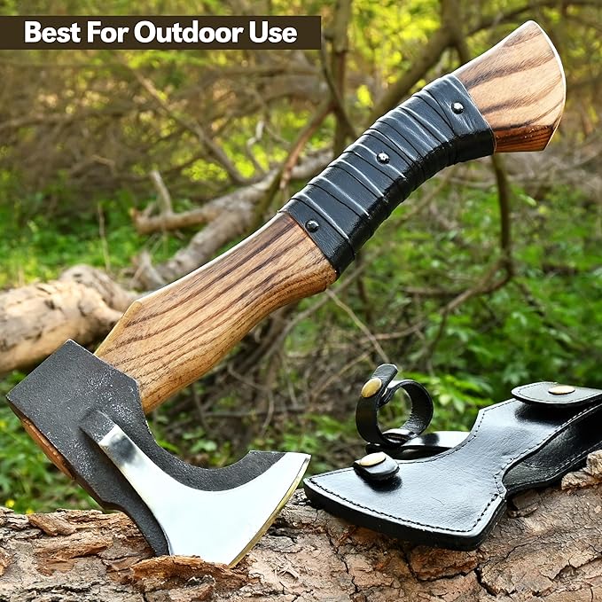14” Hatchet Axe Camping Hatchet Hand Forged Axe with Sheath for Wood Chopping Splitting &amp Carving Bushcraft Axe with Ash Wood Handle for Outdoor &amp Survival