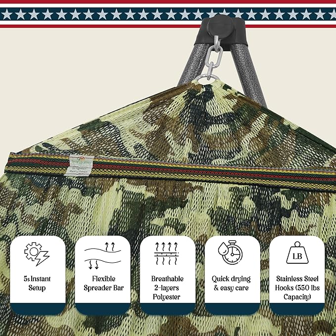 Tranquillo Uniki 550 lbs Capacity Hammock 3-Year Warranty 30s Folding Camping Hammock with Stand Portable Hammock for Indoor Outdoor Instant Setup No Screws Needed Camo