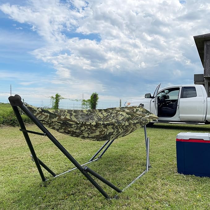 Tranquillo Uniki 550 lbs Capacity Hammock 3-Year Warranty 30s Folding Camping Hammock with Stand Portable Hammock for Indoor Outdoor Instant Setup No Screws Needed Camo