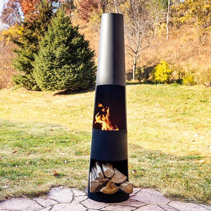 Sunnydaze 59-Inch Steel Chiminea Outdoor Fire Pit with Built-in Log Holder - Chiminea Outdoor Fireplace - Includes Poker