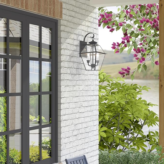 Livex Lighting 2281-04 Westover 2 Light Outdoor Black Finish Solid Brass Wall Lantern with Clear Beveled Glass