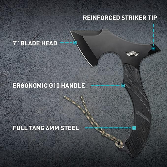 Uzi UZK-Axe-2 Masada Axe with 7-Inch Blade Reinforced Striker Tip Full Tang G10 Handle Tactical Throwing Chopping Axe for Outdoor Hiking Camping Black Stainless Steel Double Edged