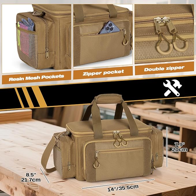 Tactical Tool Bag with Anti-friction Bottom Hand Tool Tote Storage Organizer for Men Small Range Bag for Electricians Carpenters Mechanics and Repairman Khaki