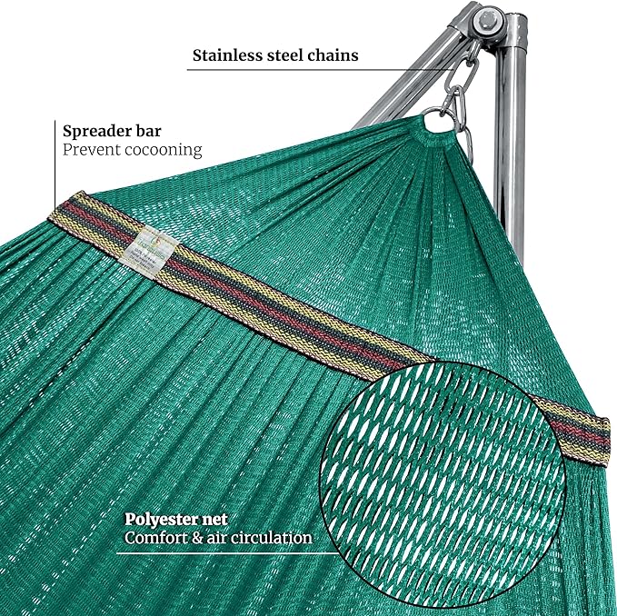 Tranquillo Adjustable Collapsible Hammock with Stand – Picnic Hammock Stand and 2 Layered Polyester Hammock Net for 2 Persons with Carry Bag Peacock