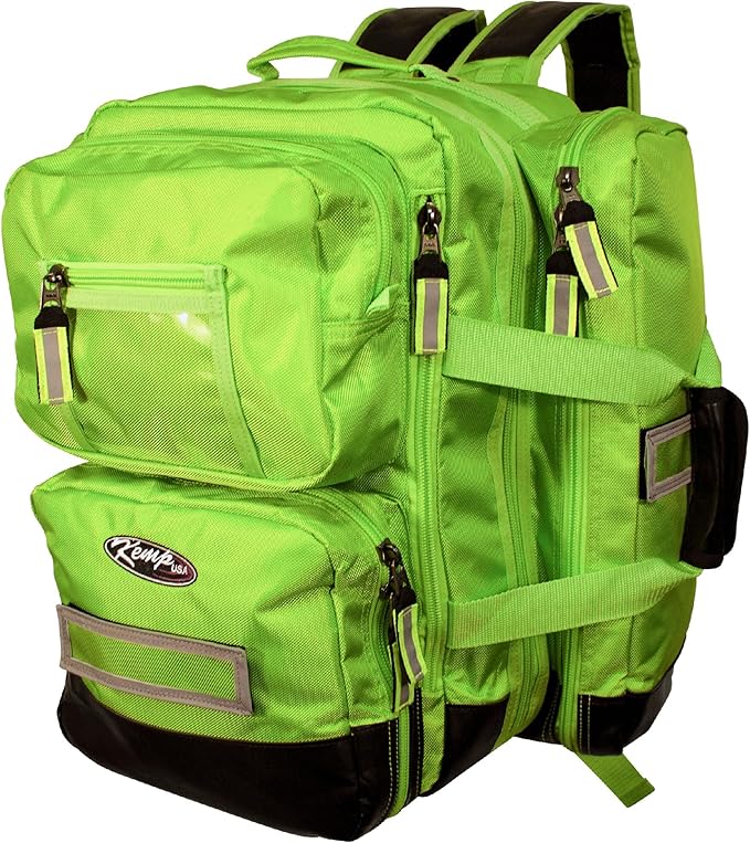 Kemp USA Ultimate EMS Backpack EMT Emergency Medical Bag Fits BLS ALS Gear and D Tank Oxygen Cylinder 1680D Nylon Multiple Grab Points Chest Waist Straps Color Coded Pouches Neon Green