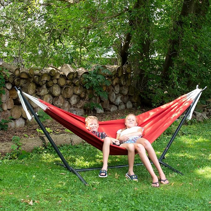 Vivere Double Sunbrella Hammock with Space-Saving Steel Stand Heavy-Duty Portable Outdoor Hammock Set for Backyard Patio or Travel Crimson