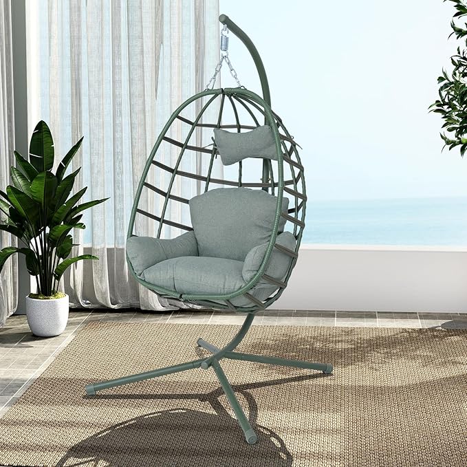 Hanging Egg Chair with Stand Outdoor Indoor Patio Rattan Swing Hammock Chairs with Washable Cushion 350lbs Capacity PE Wicker Swing Chair for Backyard Bedroom Garden (Dark Green + Dark Green Cushion)