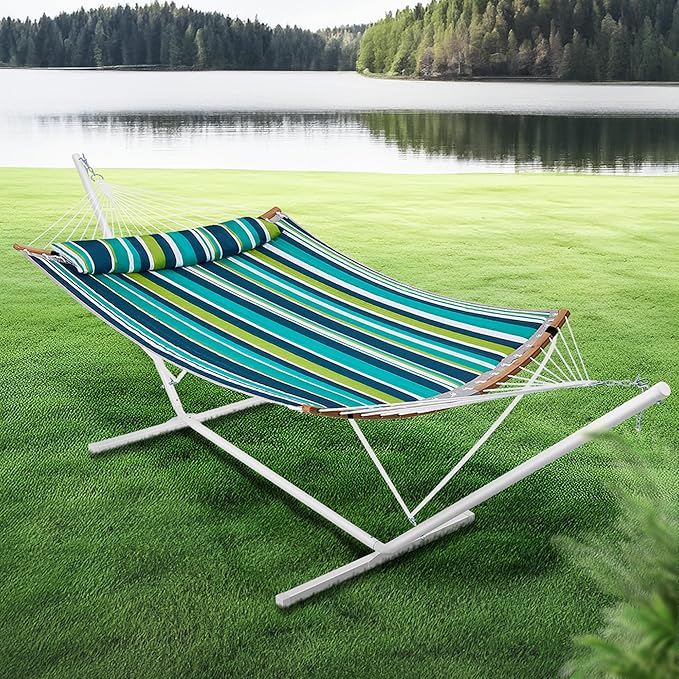 SUPERJARE Curved-Bar Hammock with Stand 2 Person Heavy Duty Hammock Frame Detachable Pillow &amp Portable Carrying Bag Perfect for Outdoor &amp Indoor Blue-Green Stripe