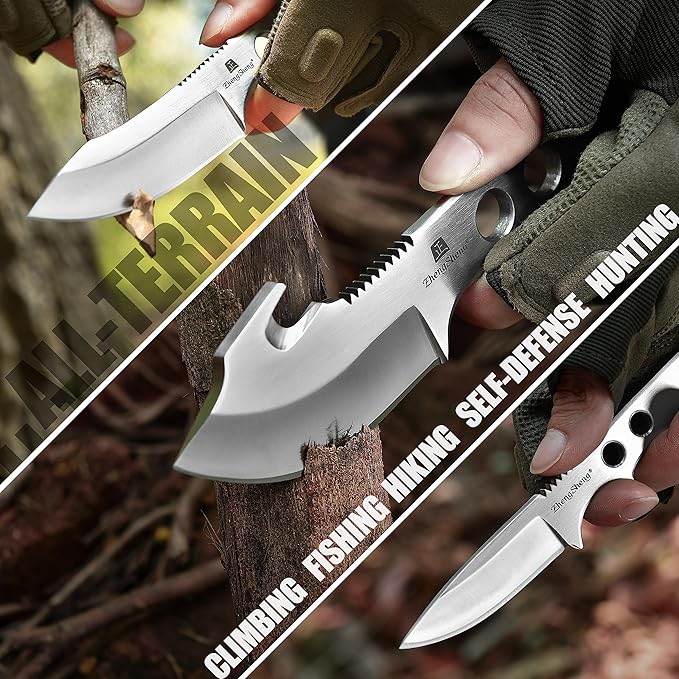 ZhengSheng 3 Piece Hunting Knife set Survival Knives Bowie knife and Gut Hook Knife with Nylon Sheath for Hiking Outdoor Camping Activities