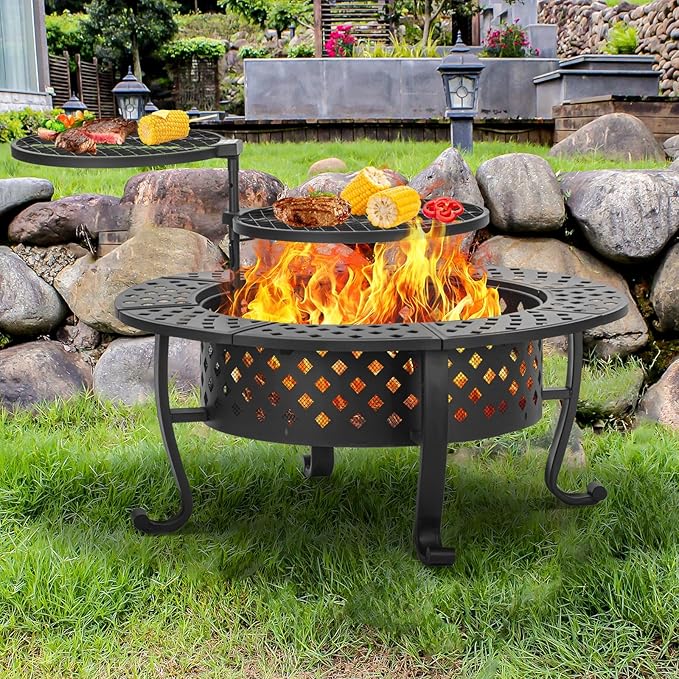 Panovue 42 Inch Fire Pit with 2 BBQ Grills Wood Burning Fire Pits for Outside with Lid &amp Fire Poker BBQ&amp Outdoor Firepit &amp Round Metal Table 3 in 1 for Patio Picnic Party