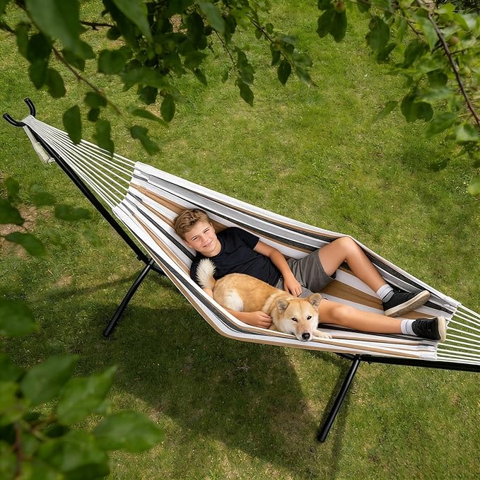 ZENY Double Hammock and Stand for 2 Person Heavy Duty Hammock Stand Brazilian-Style Cotton Hammock 440LB Capacity Desert Stripe
