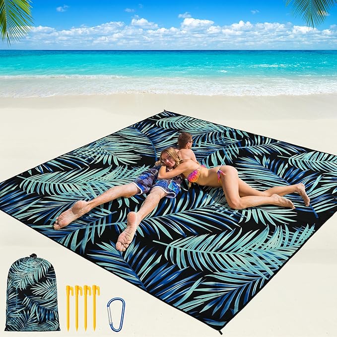 Beach Blanket Waterproof Sandproof Beach Mat 79 X 83/10'x9'for 2-8 Adults Quick Drying Outdoor Picnic Mat Beach Accessories for Travel Camping Hiking