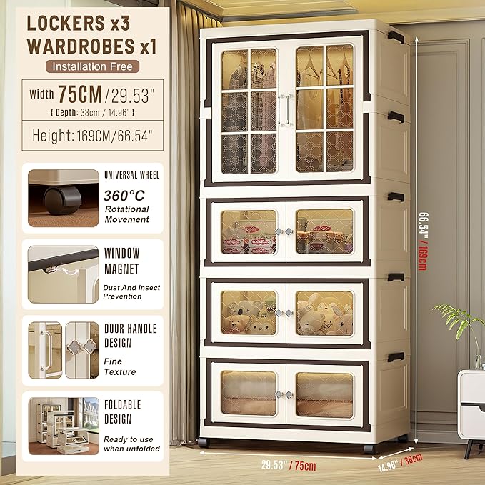 SunSettler Collapsible Storage Bins with Lids Folding Storage Cabinets with Doors Stackable Organizers Cabinets Closet Organizers and Storage for Home Dorm (3+1 Transparent Plus)