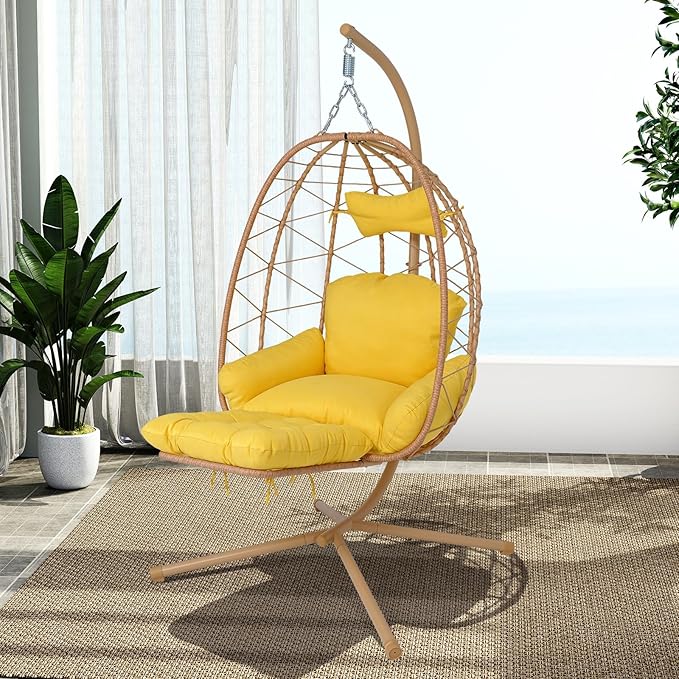 Hanging Egg Chair with Stand Outdoor Indoor Patio Rattan Swing Hammock Chairs with Washable Cushion PE Wicker Swing Chair for Backyard Bedroom Garden (Yellow + Yellow Cushion with Footrest)