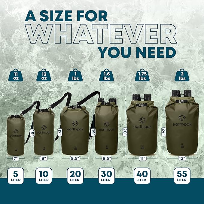 Earth Pak Waterproof Dry Bag - Roll Top Waterproof Backpack Sack (Forest Green 30L &amp 5L)