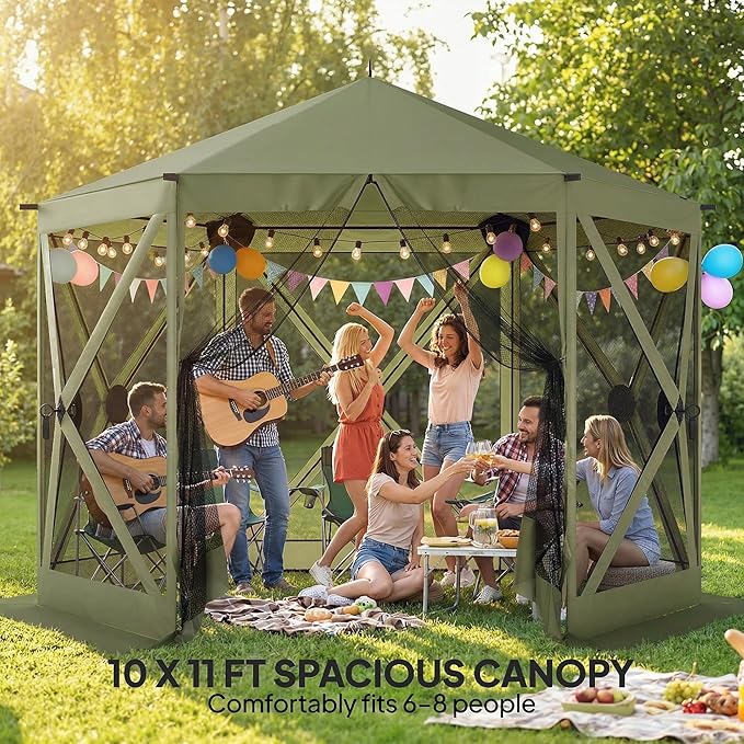 Outsunny 10 x 11 ft Pop Up Gazebo Screen Tent Outdoor Portable Instant Camping Canopy Screen House Sun Shelter with Mesh Nettings Carry Bag Ground Stakes Ropes for Patio Backyard Dark Green