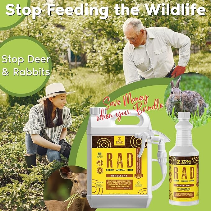 R.A.D. Rabbit Animal Deer Repellent Bundle – 1 Gallon Spray + 32oz Concentrate Natural Formula Keeps Deer and Rabbits Out of Your Garden