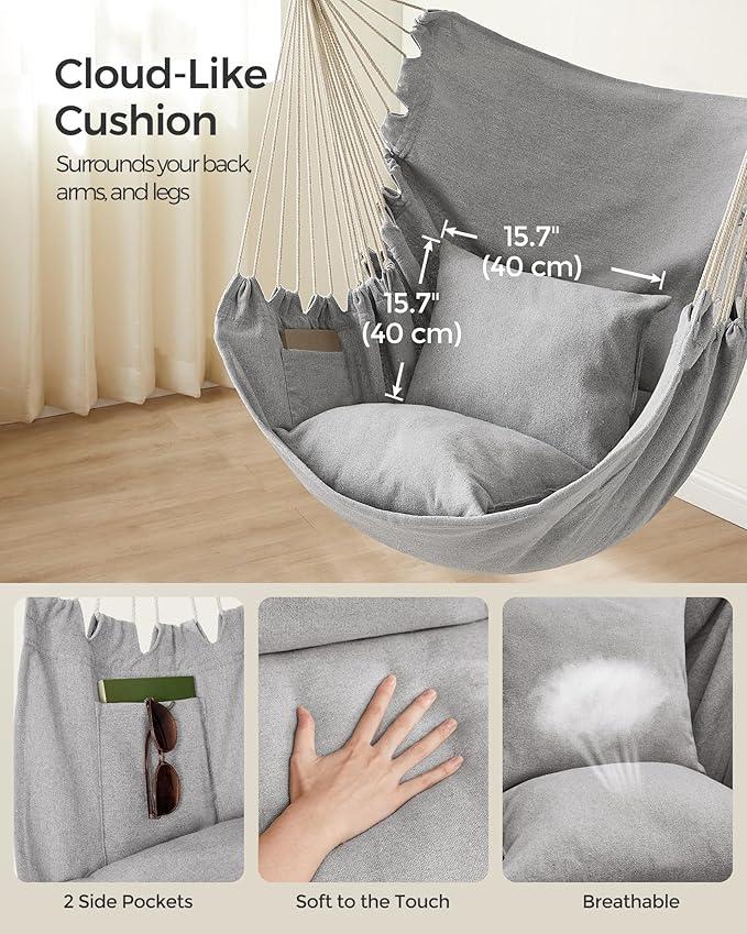 SONGMICS Hammock Chair Load Capacity 500 lb Hanging Chair with 2 Cushions Large Hammock Swing with Chain and Pocket for Indoor Outdoor Living Room Bedroom Dove Gray UGDC197G01