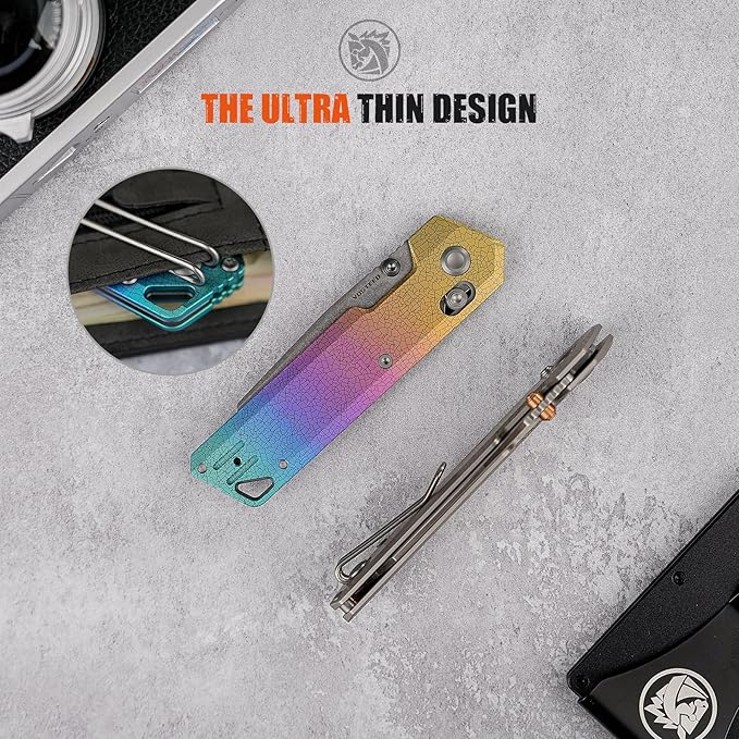 Vosteed Parallel EDC Pocket Knife - 2.90 S35VN Stonewash Blade Reverse Tanto - Crossbar Lock Iridescent Crackle Titanium Handle - Camping Hiking Knives - A3508