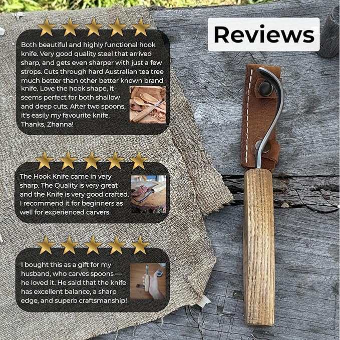 Sharky Spoon Carving Hook Knife with Long Curved Blade 2.7 in (7 cm) – Ergonomic Ash Wood Handle and Protective Leather Sheath for Precise Woodworking and Bowl Carving