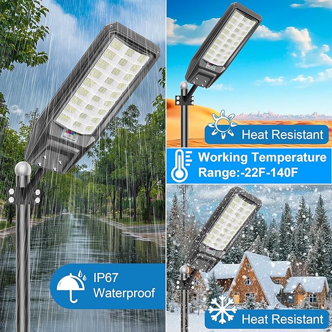 9500W Solar Street Light Outdoor Waterproof 250000LM Large Commercial Light Solar Powered Dusk to Dawn LED Security Flood Lights with Remote/Motion Sensor IP67 for Parking Lot/Garden/Yard