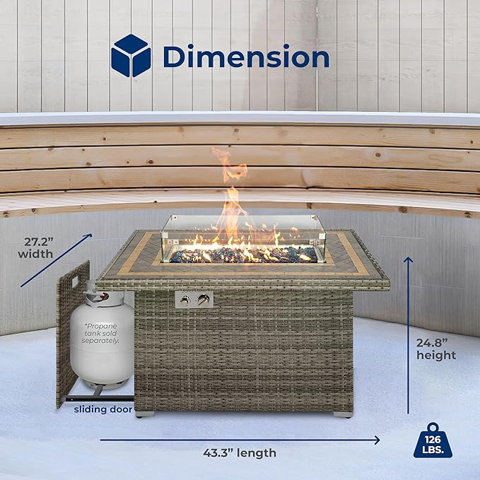 SereneLife Sturdy Wicker Base Propane Fire Pit Table with Tile Top Patio Heater &amp Propane Heater Sliding Door Stainless Steel Burner Tempered Glass Wind Guard 50000 BTU Weather Resistant