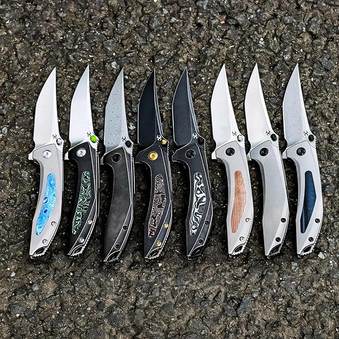 KANSEPT Baku Pocket Folding Knives for Men EDC Camping Folding Knife 3.2'' Damascus Material Outdoor Folding Knives with Titanium Blue Black G10 Inlay Handle Everyday Carry K1056A4