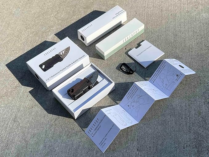 Edge &amp Pop Mini Damascus Pocket Knife and Dual Grit Whetstone Bundle