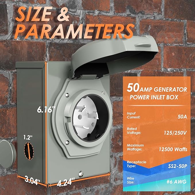 CircleCord 50 Amp Generator Inlet Box with Pre-Drilled 4 Big Wiring Holes NEMA SS2-50P Power Inlet Box 125/250 Volt 12500 Watts with LED Power Indicator for Ourdoor Use ETL Listed