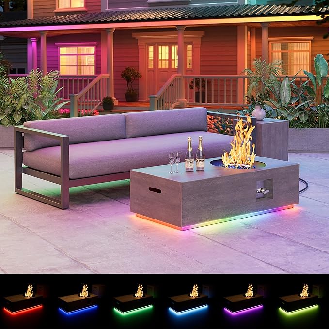 SUNPEAK 48 Propane Fire Pit Table Round Burner with Multiple Color LED Lights – 50000 BTU Fire Pit Table with Lid Rocks Cover and Tank Storage - Outdoor Fireplace Table (Grey/RGB Light 48 LED)