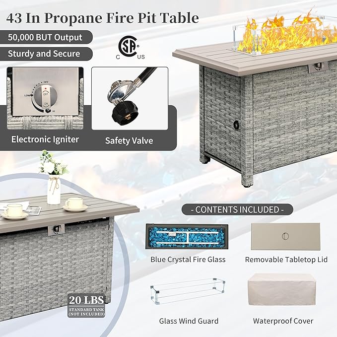 Outdoor Propane Fire Pit 43 Inch PE Wicker Patio Firepit Table with Fire Glass and Wind Guard for Outside Parties and Gatherings on Garden Backyard Porch