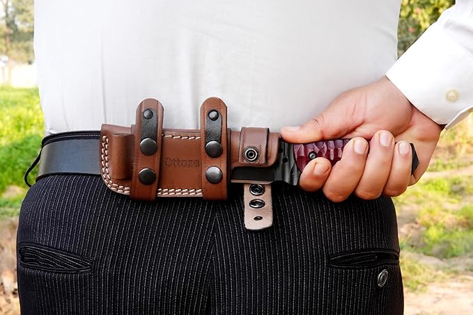 Ottoza Tanto Tactical Knife with Fixed Blade and Horizontal Carry Leather Sheath - Compact Military EDC Knife - Dark Red Micarta Handle 381