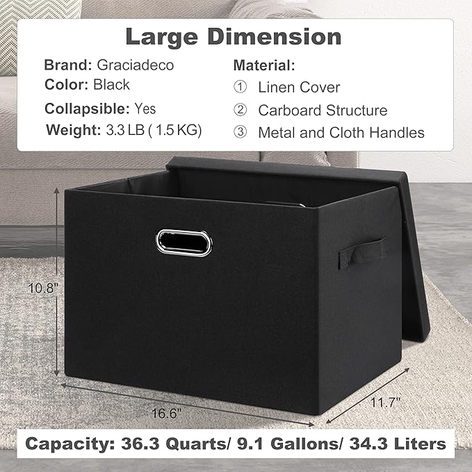 Graciadeco Large 17 36 Quart Collapsible Stackable Storage Bins with Lids 3 Packs Black Linen Fabric Closet Boxes with Lids Storage Cube Baskets Container Organizers for Bedroom Office(17 x12 x11)