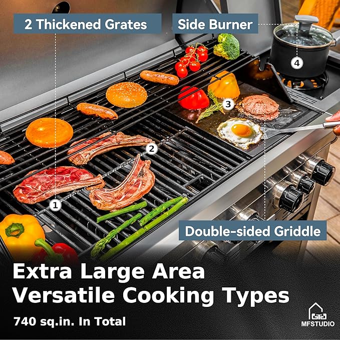 MFSTUDIO 6 Burner BBQ Propane Gas Grill with Side Burner &amp Porcelain-Enameled Cast Iron Grates Grill Griddle Combo for Outdoor Barbecue 740 SQ.IN. Large Cooking Area