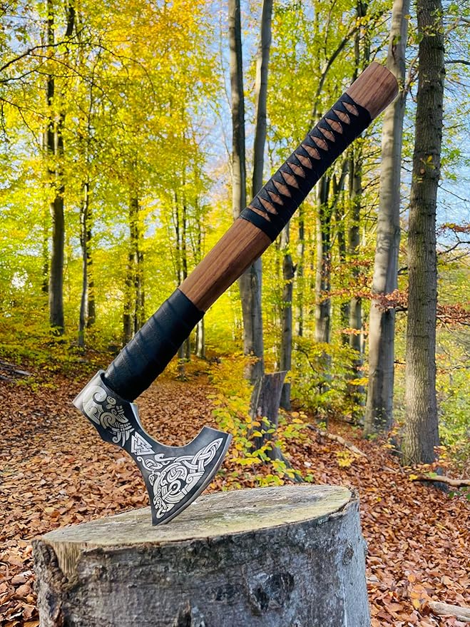Viking Axe – Hand Forged Carbon Steel Blade with Ashwood Handle | Norse Hatchet for Camping Hunting Axe Throwing | Perfect Viking Gift for Men