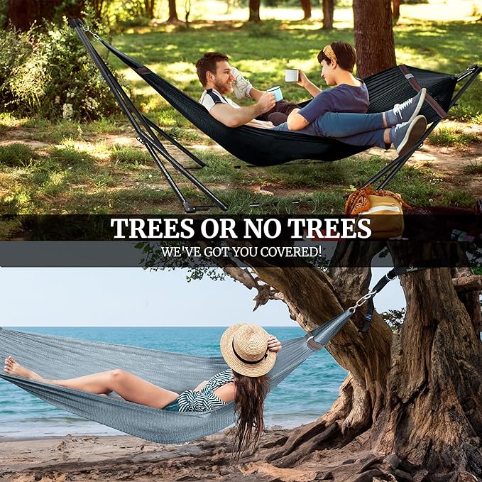 Tranquillo Combo x2 Hammocks with Stand for Outside &amp Tree Straps Heavy Duty Hammock with Stand 600lbs for Indoor Outdoor Patio Backyard x2 Hammocks for 2 Person (Combo - Black Medium)