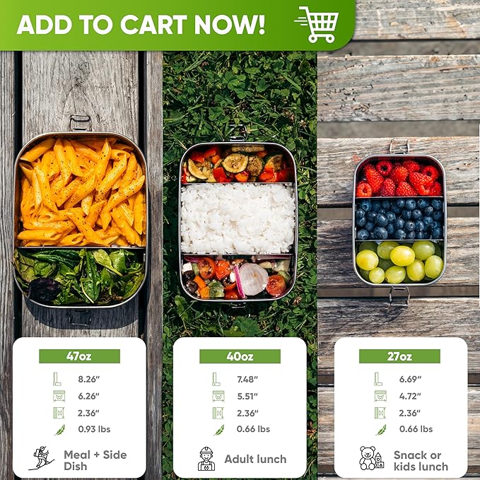 Blockhütte Stainless Steel Lunch Box for Adults I 40oz I with free Sealing I Metal Bento Box with 3 Compartments Leak-Proof Lunch Container Metal Food Storage for Travel Work Eco-Friendly