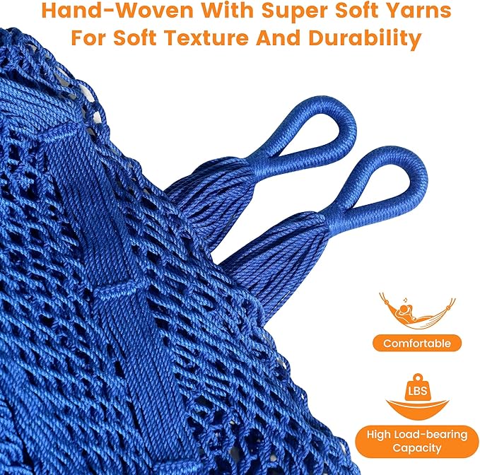 Lazy Daze Hammocks Handwoven Mayan Hammock 10.5 FT Soft Rope Double Hammocks Portable Outdoor Hammock with Carry Bag 2 Straps &amp Carabiners for Patio Outside 550 lbs Weight Capacity Blue