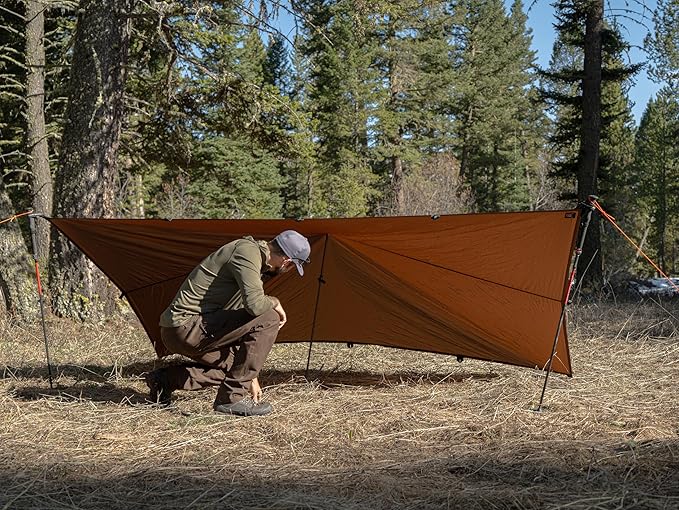 VIAM Outdoors Switchback Tan Tarp: Waterproof Camping Tarp for Hunting Glassing Hammock Rain Fly Ultralight Backpacking Gear Sun Shelter &amp Heavy Duty Outdoor Protection - 1.1oz