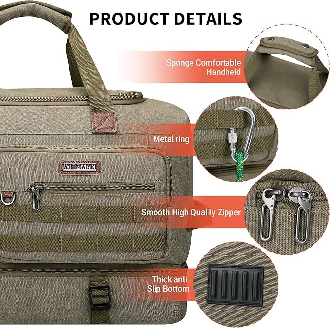 WITZMAN Duffle Bag for Men 50L Canvas Weekender Overnight Bag with Toiletry Bag Sets Travel Duffel Bag Shoes Compartment(A8010/2 Army Green)