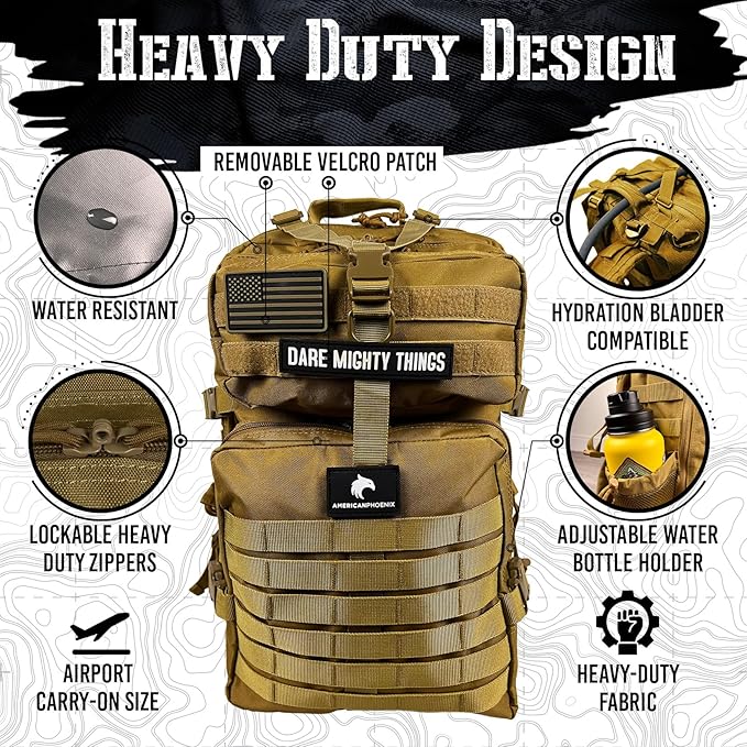 AMERICANPHOENIX 45L Elite Tactical Backpack | 3X Stronger Work &amp Military Backpack | Water Resistant and Heavy Duty | 3 Day MOLLE Bug Out Bag (Dune Brown)